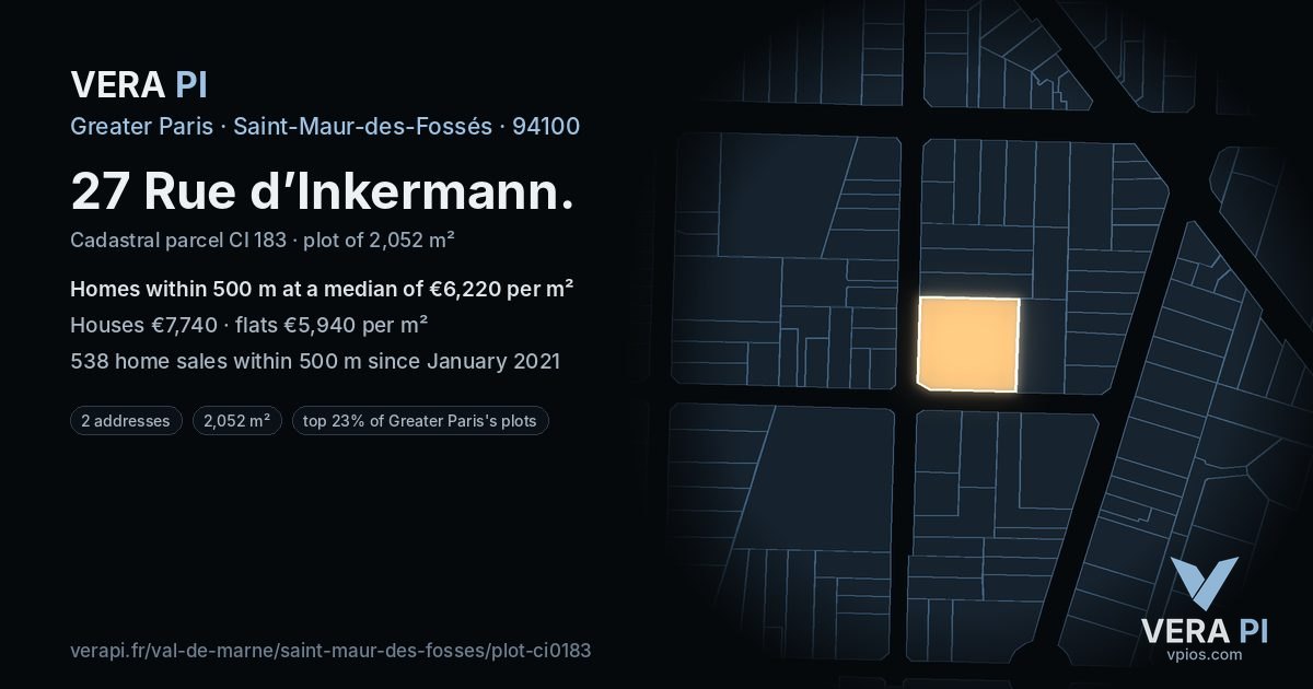 27 Rue d’Inkermann, Saint-Maur-des-Fossés at night – the plot lit, the parcels around coloured by the prices near them