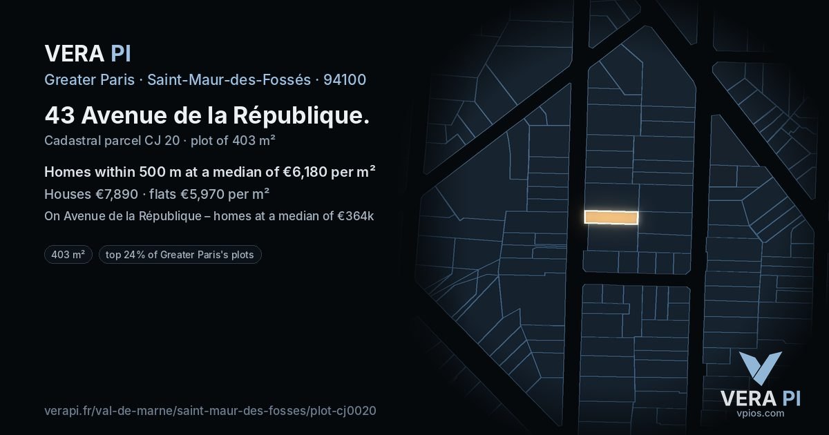 43 Avenue de la République, Saint-Maur-des-Fossés at night – the plot lit, the parcels around coloured by the prices near them