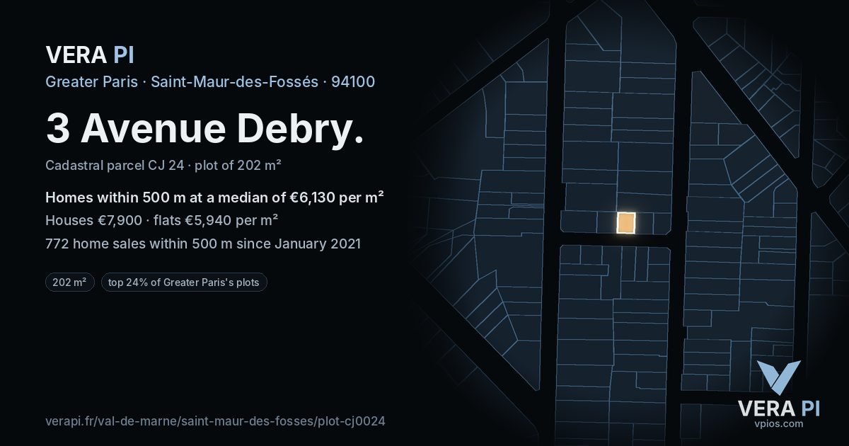 3 Avenue Debry, Saint-Maur-des-Fossés at night – the plot lit, the parcels around coloured by the prices near them