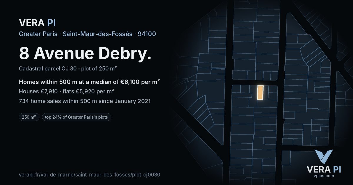 8 Avenue Debry, Saint-Maur-des-Fossés at night – the plot lit, the parcels around coloured by the prices near them