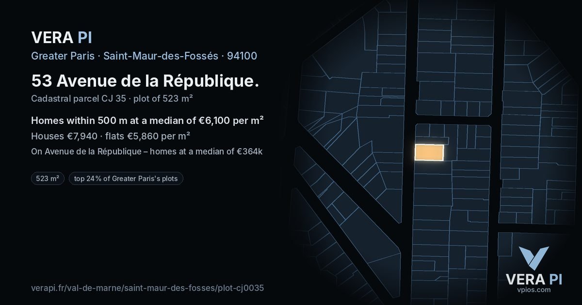 53 Avenue de la République, Saint-Maur-des-Fossés at night – the plot lit, the parcels around coloured by the prices near them