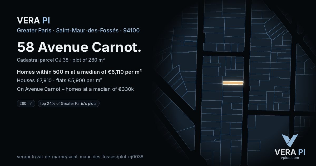58 Avenue Carnot, Saint-Maur-des-Fossés at night – the plot lit, the parcels around coloured by the prices near them