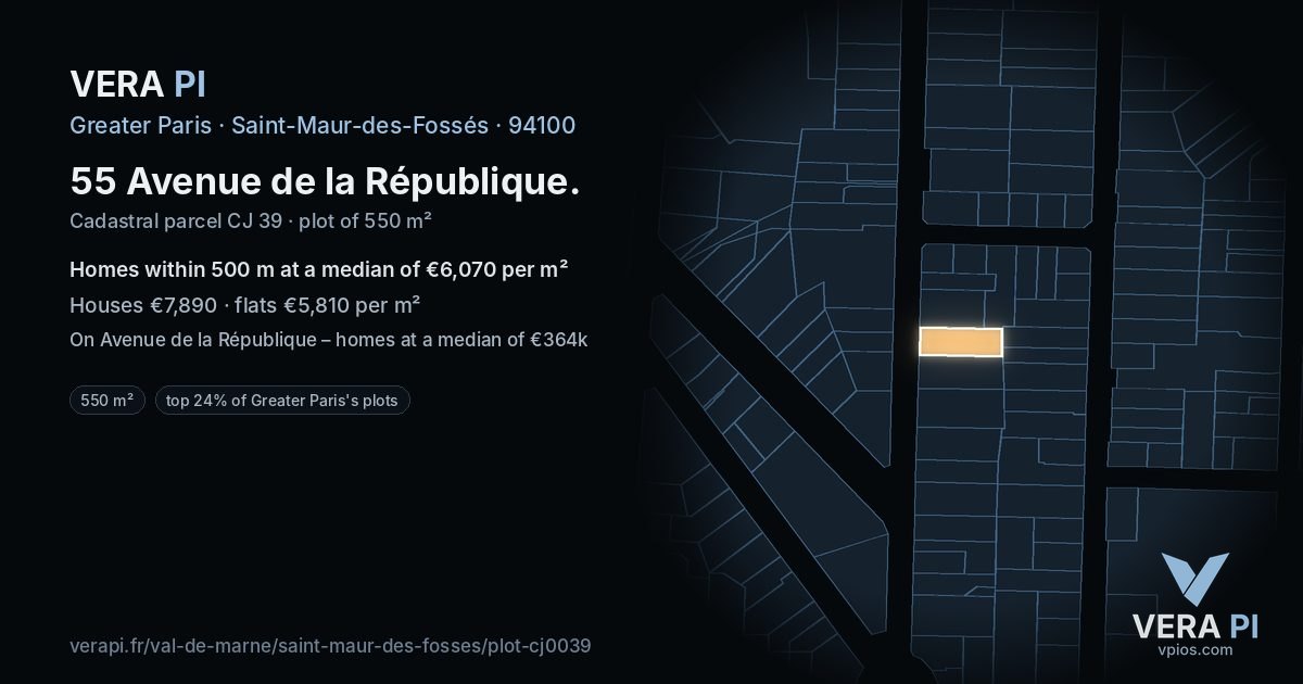 55 Avenue de la République, Saint-Maur-des-Fossés at night – the plot lit, the parcels around coloured by the prices near them