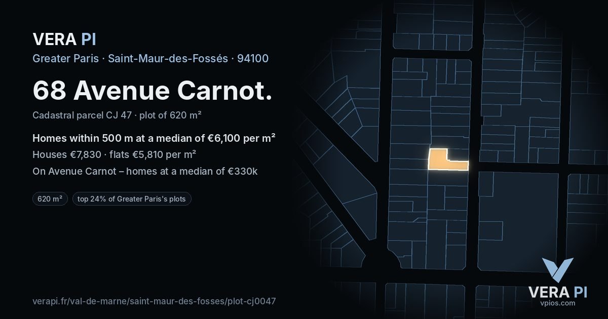 68 Avenue Carnot, Saint-Maur-des-Fossés at night – the plot lit, the parcels around coloured by the prices near them