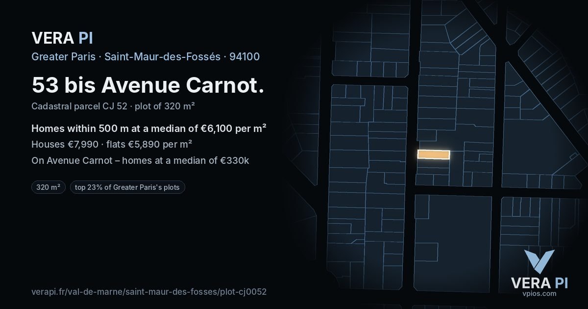 53 bis Avenue Carnot, Saint-Maur-des-Fossés at night – the plot lit, the parcels around coloured by the prices near them