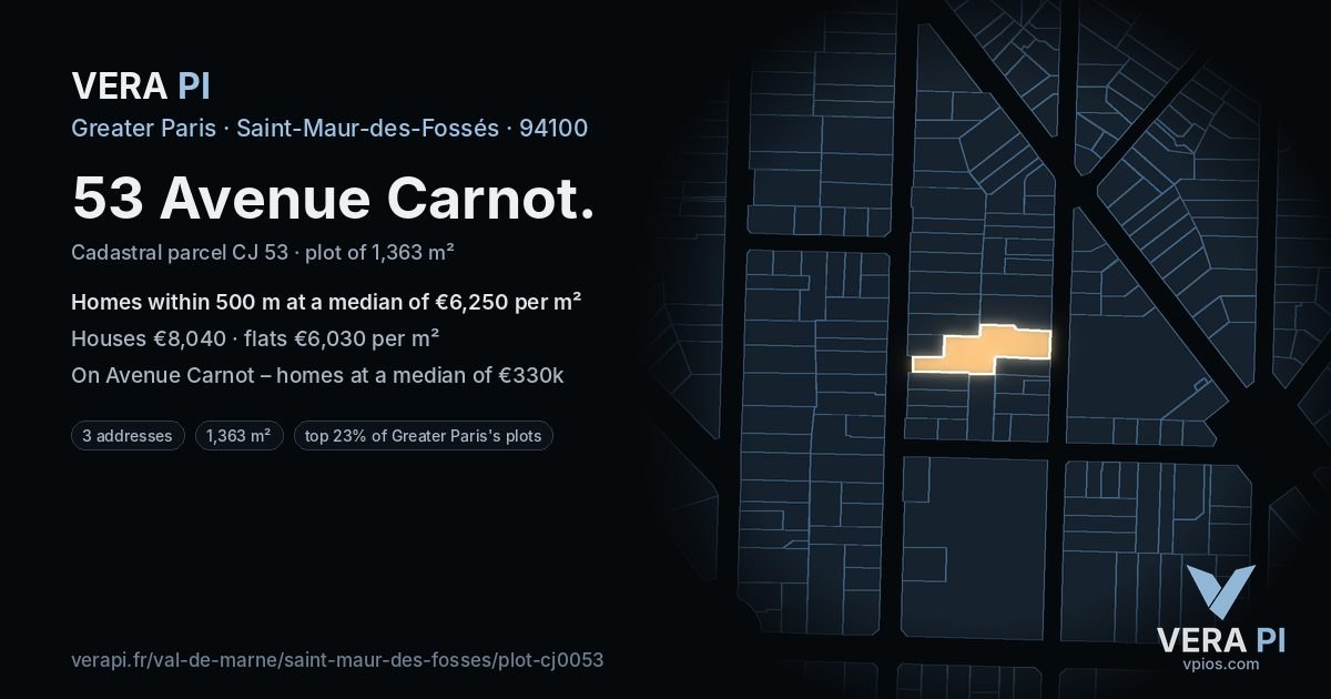 53 Avenue Carnot, Saint-Maur-des-Fossés at night – the plot lit, the parcels around coloured by the prices near them
