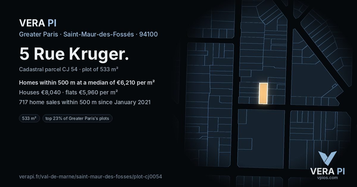 5 Rue Kruger, Saint-Maur-des-Fossés at night – the plot lit, the parcels around coloured by the prices near them