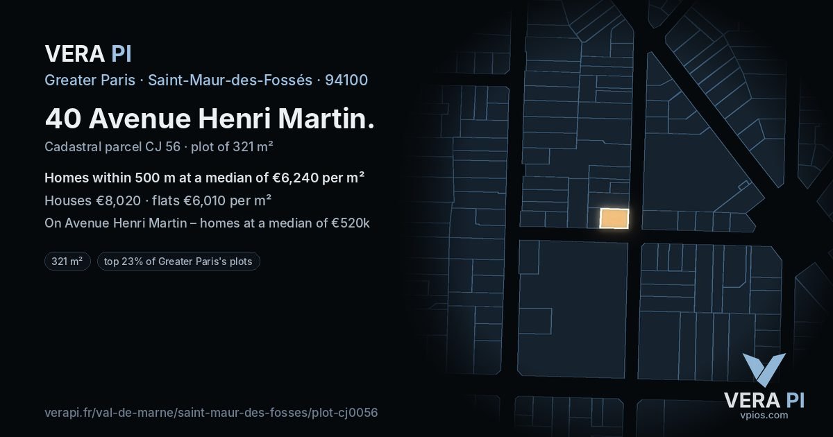 40 Avenue Henri Martin, Saint-Maur-des-Fossés at night – the plot lit, the parcels around coloured by the prices near them