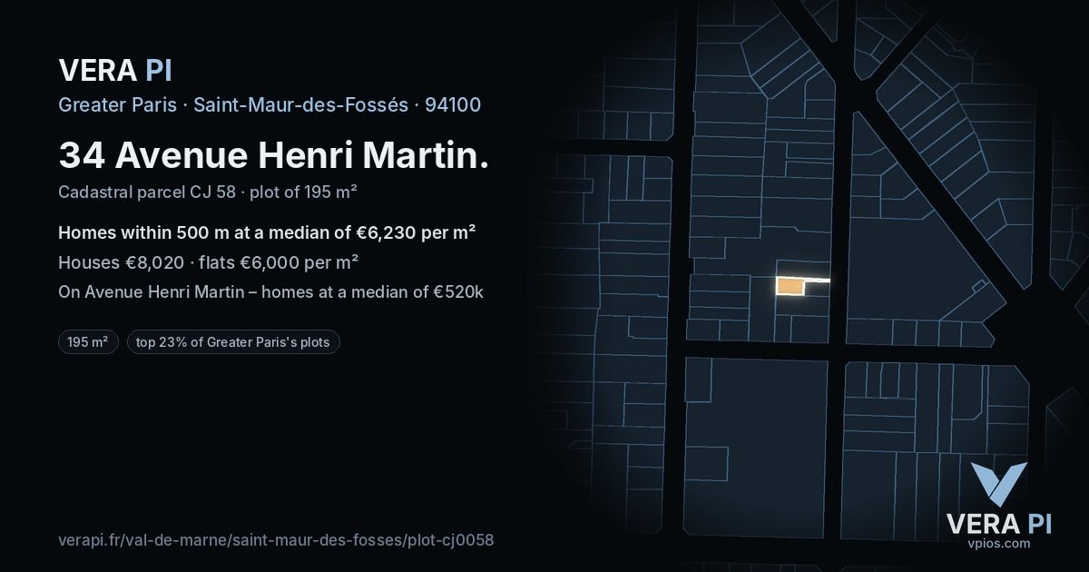 34 Avenue Henri Martin, Saint-Maur-des-Fossés at night – the plot lit, the parcels around coloured by the prices near them