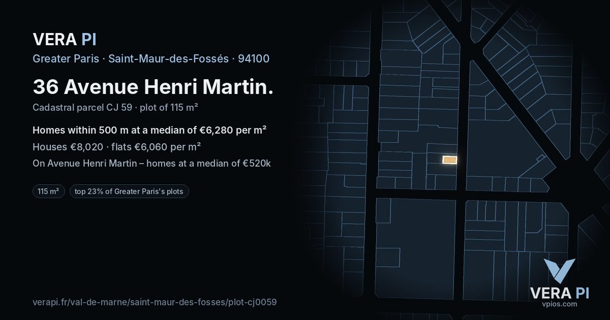 36 Avenue Henri Martin, Saint-Maur-des-Fossés at night – the plot lit, the parcels around coloured by the prices near them