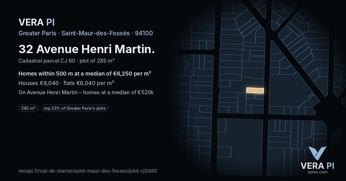 32 Avenue Henri Martin, Saint-Maur-des-Fossés at night – the plot lit, the parcels around coloured by the prices near them