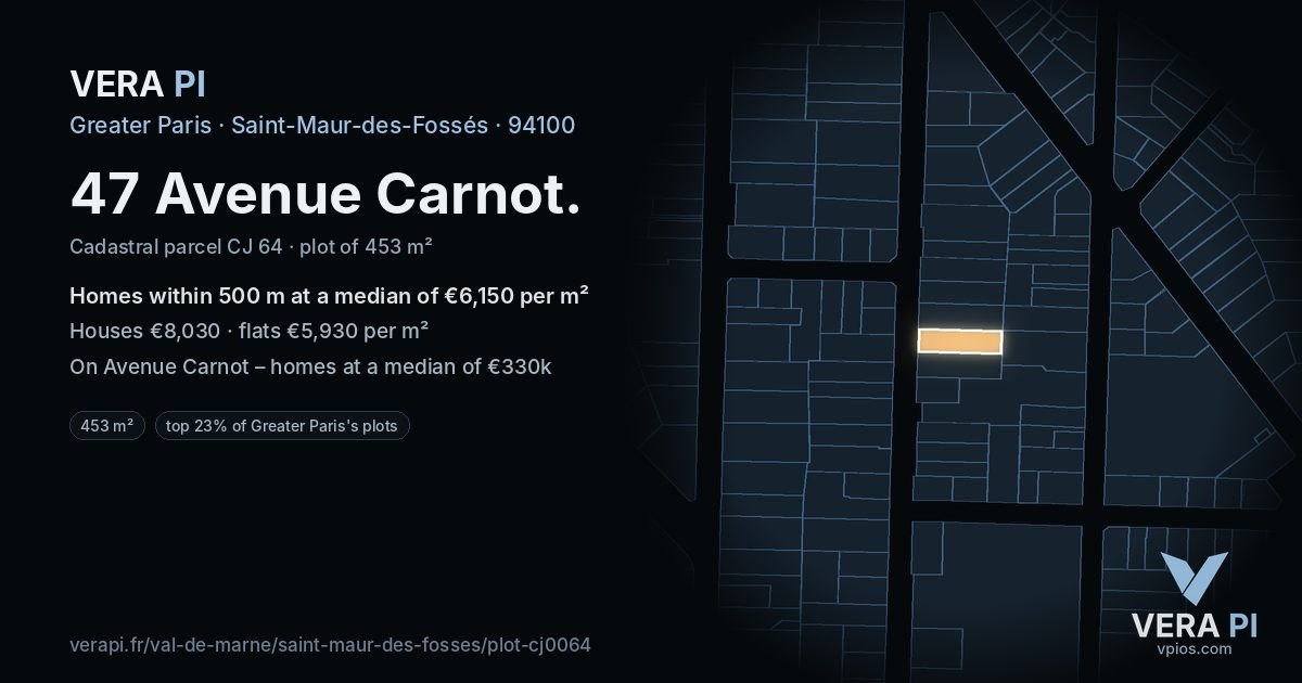 47 Avenue Carnot, Saint-Maur-des-Fossés at night – the plot lit, the parcels around coloured by the prices near them