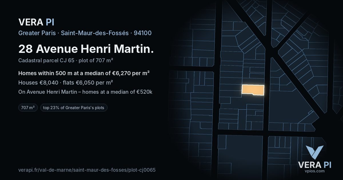 28 Avenue Henri Martin, Saint-Maur-des-Fossés at night – the plot lit, the parcels around coloured by the prices near them