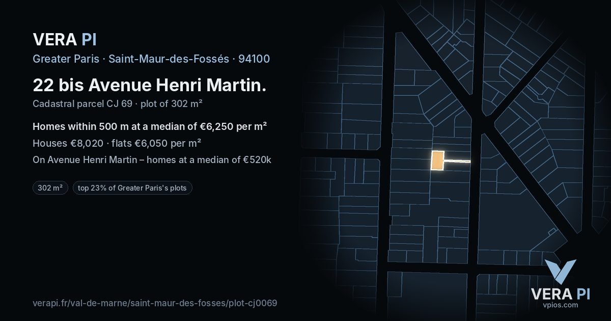 22 bis Avenue Henri Martin, Saint-Maur-des-Fossés at night – the plot lit, the parcels around coloured by the prices near them
