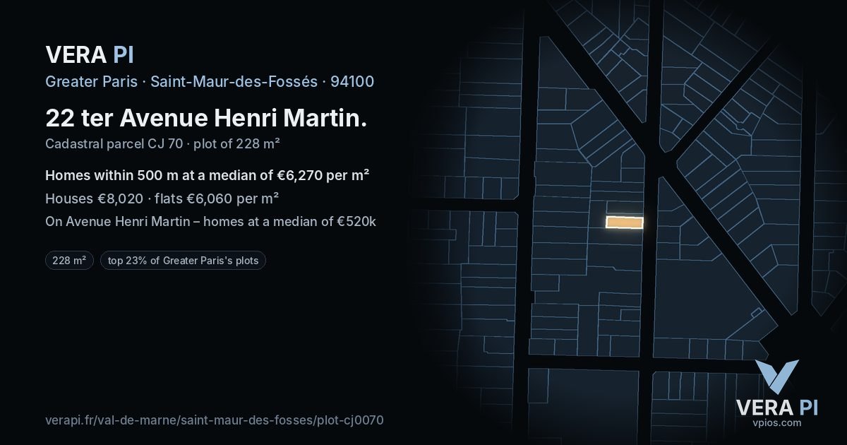 22 ter Avenue Henri Martin, Saint-Maur-des-Fossés at night – the plot lit, the parcels around coloured by the prices near them