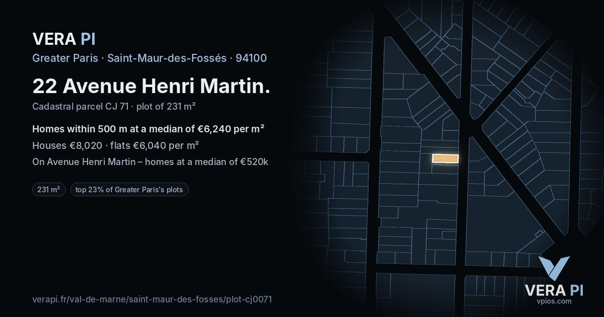 22 Avenue Henri Martin, Saint-Maur-des-Fossés at night – the plot lit, the parcels around coloured by the prices near them