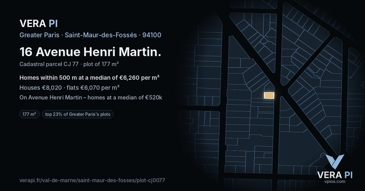 16 Avenue Henri Martin, Saint-Maur-des-Fossés at night – the plot lit, the parcels around coloured by the prices near them