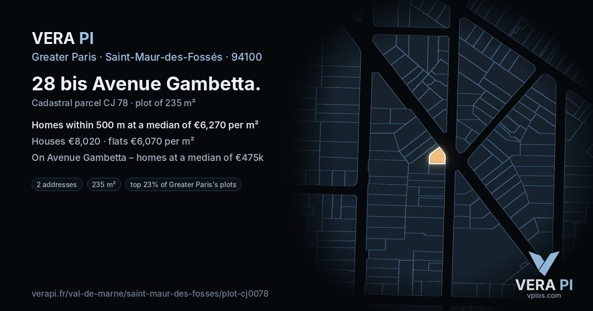 28 bis Avenue Gambetta, Saint-Maur-des-Fossés at night – the plot lit, the parcels around coloured by the prices near them