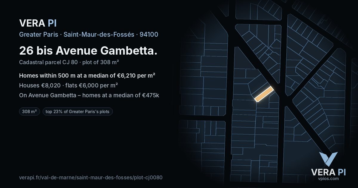26 bis Avenue Gambetta, Saint-Maur-des-Fossés at night – the plot lit, the parcels around coloured by the prices near them