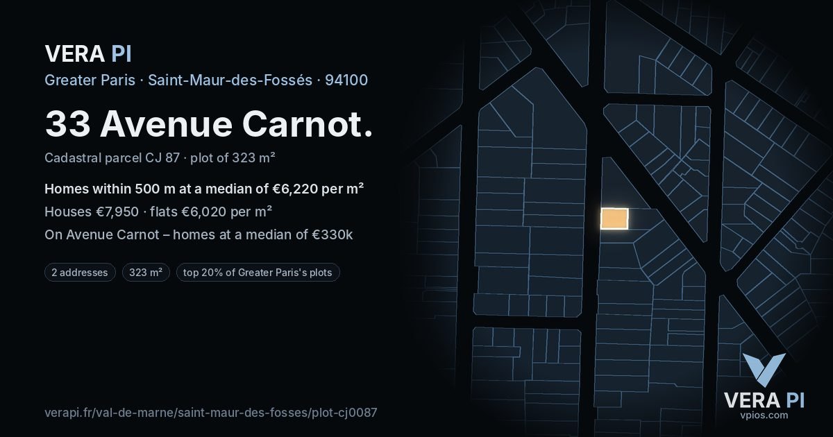 33 Avenue Carnot, Saint-Maur-des-Fossés at night – the plot lit, the parcels around coloured by the prices near them