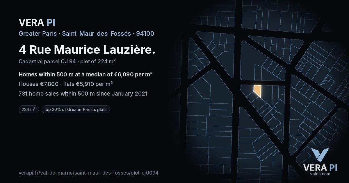 4 Rue Maurice Lauzière, Saint-Maur-des-Fossés at night – the plot lit, the parcels around coloured by the prices near them