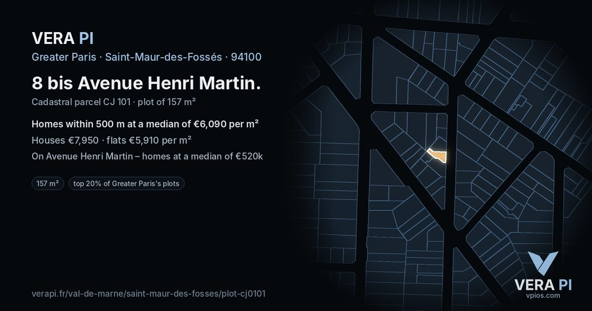 8 bis Avenue Henri Martin, Saint-Maur-des-Fossés at night – the plot lit, the parcels around coloured by the prices near them