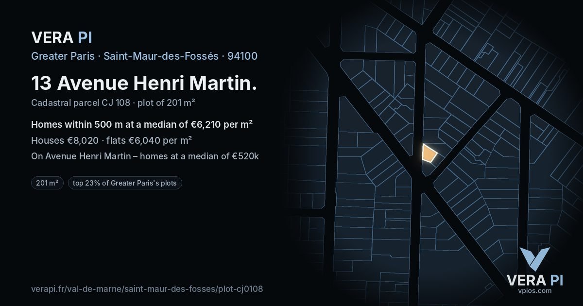 13 Avenue Henri Martin, Saint-Maur-des-Fossés at night – the plot lit, the parcels around coloured by the prices near them