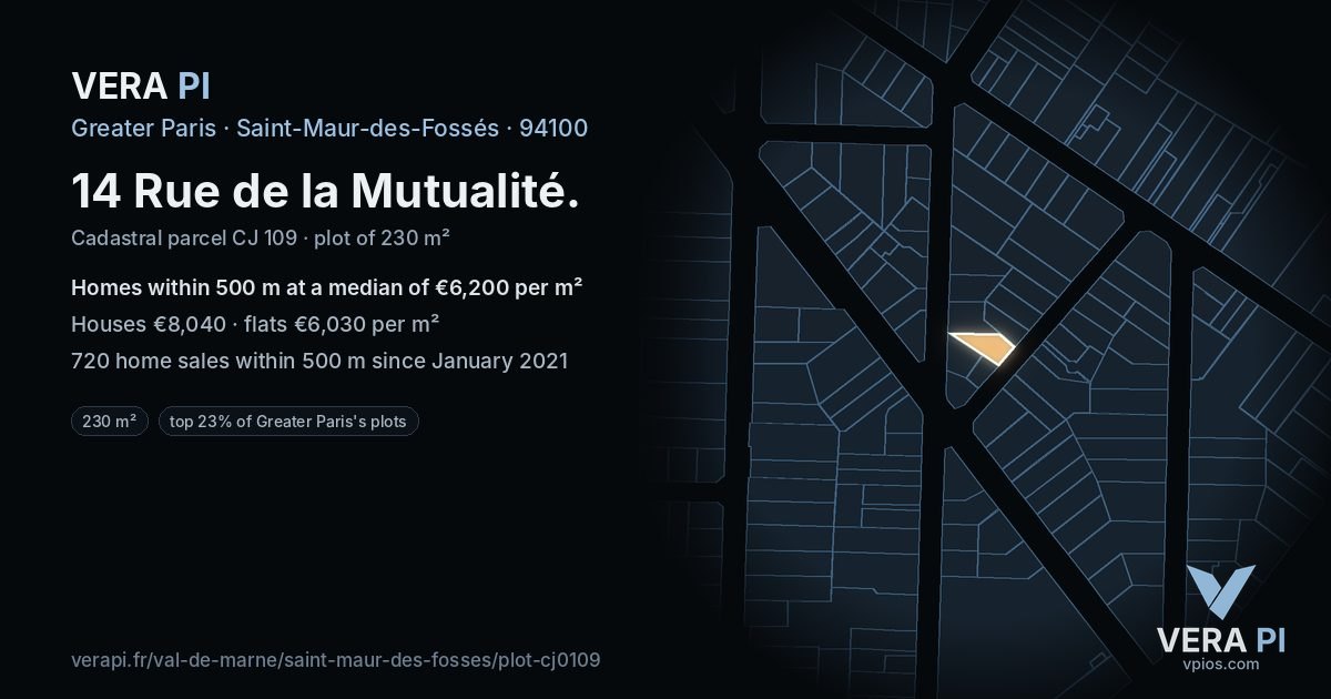 14 Rue de la Mutualité, Saint-Maur-des-Fossés at night – the plot lit, the parcels around coloured by the prices near them