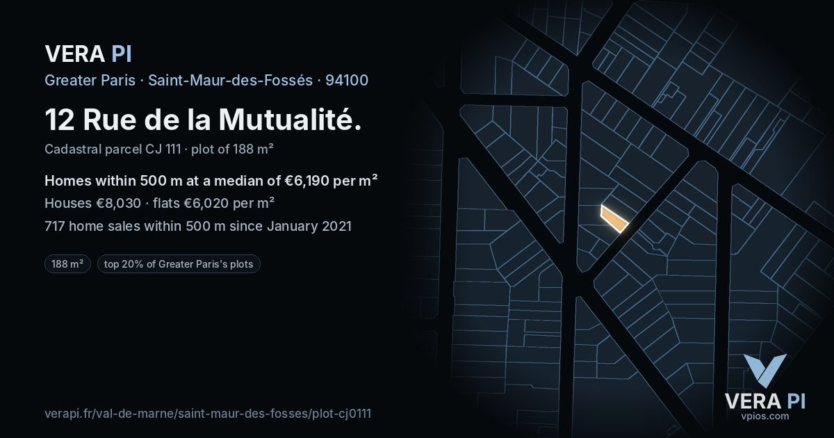 12 Rue de la Mutualité, Saint-Maur-des-Fossés at night – the plot lit, the parcels around coloured by the prices near them