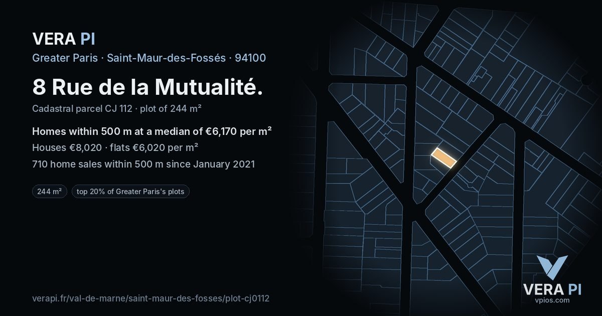 8 Rue de la Mutualité, Saint-Maur-des-Fossés at night – the plot lit, the parcels around coloured by the prices near them