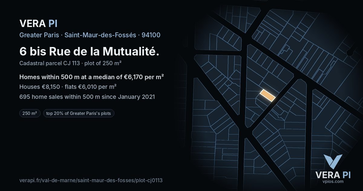 6 bis Rue de la Mutualité, Saint-Maur-des-Fossés at night – the plot lit, the parcels around coloured by the prices near them