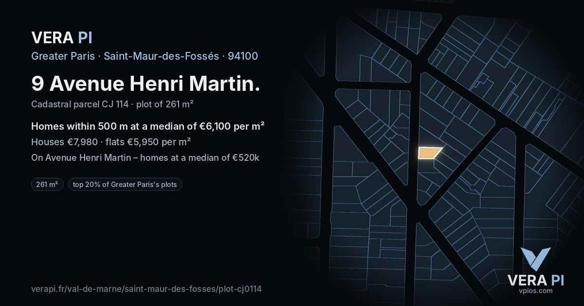 9 Avenue Henri Martin, Saint-Maur-des-Fossés at night – the plot lit, the parcels around coloured by the prices near them