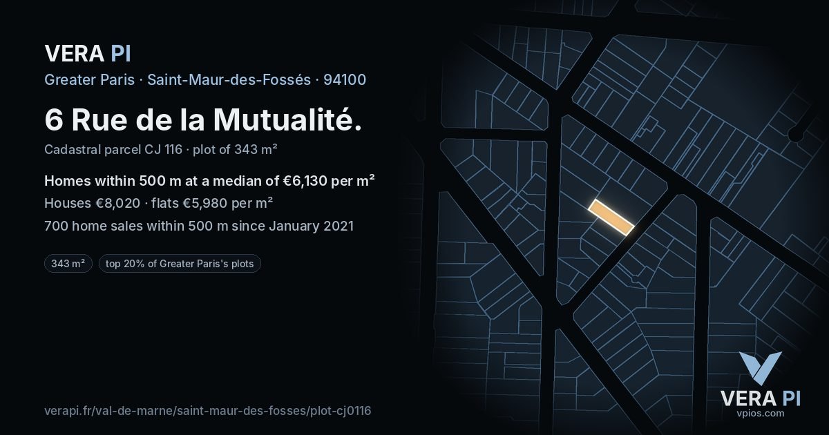 6 Rue de la Mutualité, Saint-Maur-des-Fossés at night – the plot lit, the parcels around coloured by the prices near them
