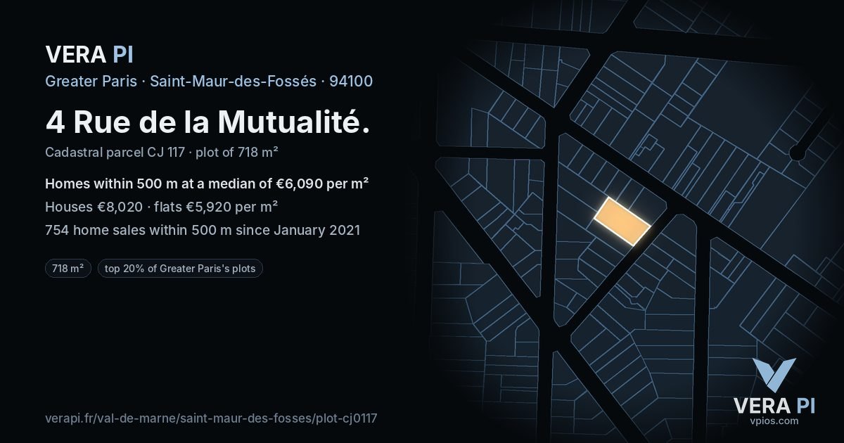 4 Rue de la Mutualité, Saint-Maur-des-Fossés at night – the plot lit, the parcels around coloured by the prices near them