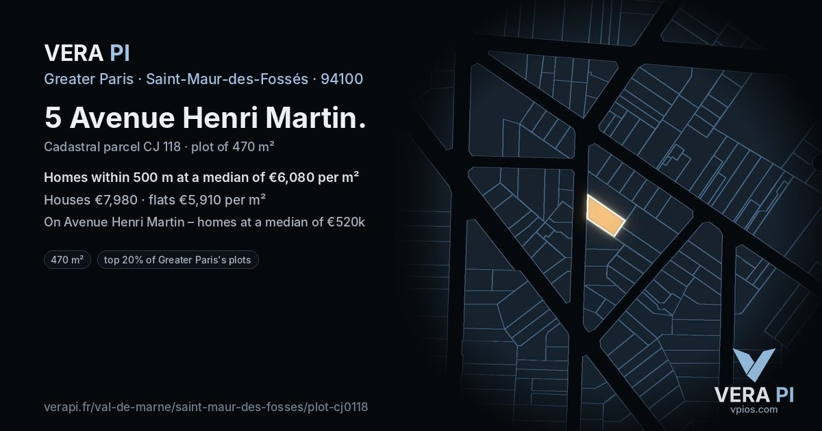 5 Avenue Henri Martin, Saint-Maur-des-Fossés at night – the plot lit, the parcels around coloured by the prices near them