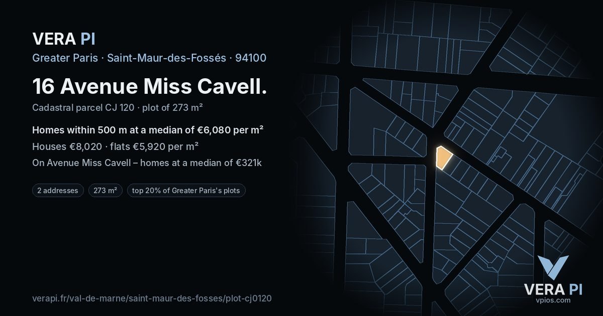 16 Avenue Miss Cavell, Saint-Maur-des-Fossés at night – the plot lit, the parcels around coloured by the prices near them