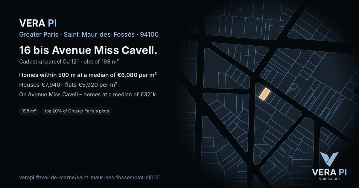 16 bis Avenue Miss Cavell, Saint-Maur-des-Fossés at night – the plot lit, the parcels around coloured by the prices near them