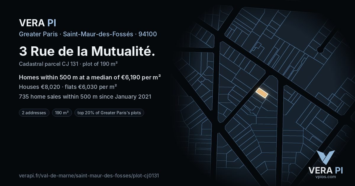 3 Rue de la Mutualité, Saint-Maur-des-Fossés at night – the plot lit, the parcels around coloured by the prices near them