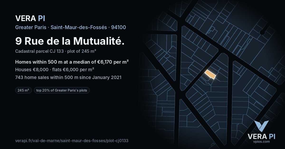 9 Rue de la Mutualité, Saint-Maur-des-Fossés at night – the plot lit, the parcels around coloured by the prices near them