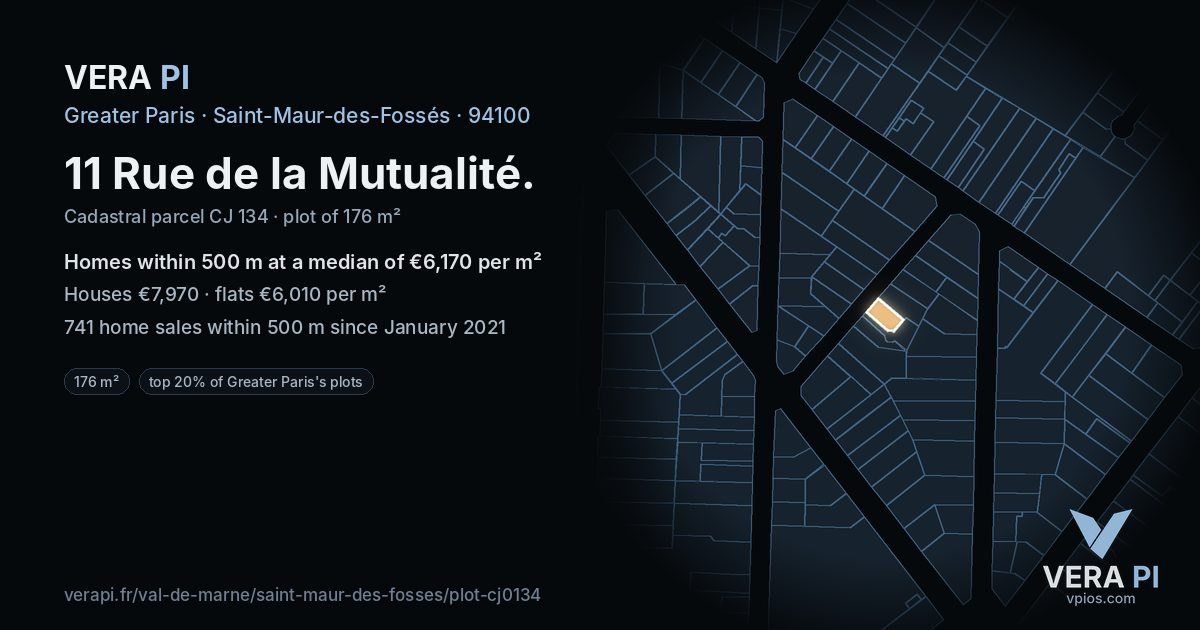 11 Rue de la Mutualité, Saint-Maur-des-Fossés at night – the plot lit, the parcels around coloured by the prices near them