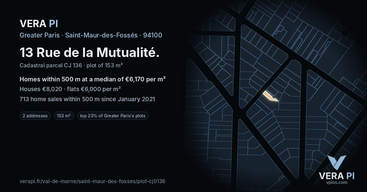 13 Rue de la Mutualité, Saint-Maur-des-Fossés at night – the plot lit, the parcels around coloured by the prices near them