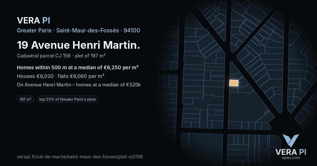 19 Avenue Henri Martin, Saint-Maur-des-Fossés at night – the plot lit, the parcels around coloured by the prices near them