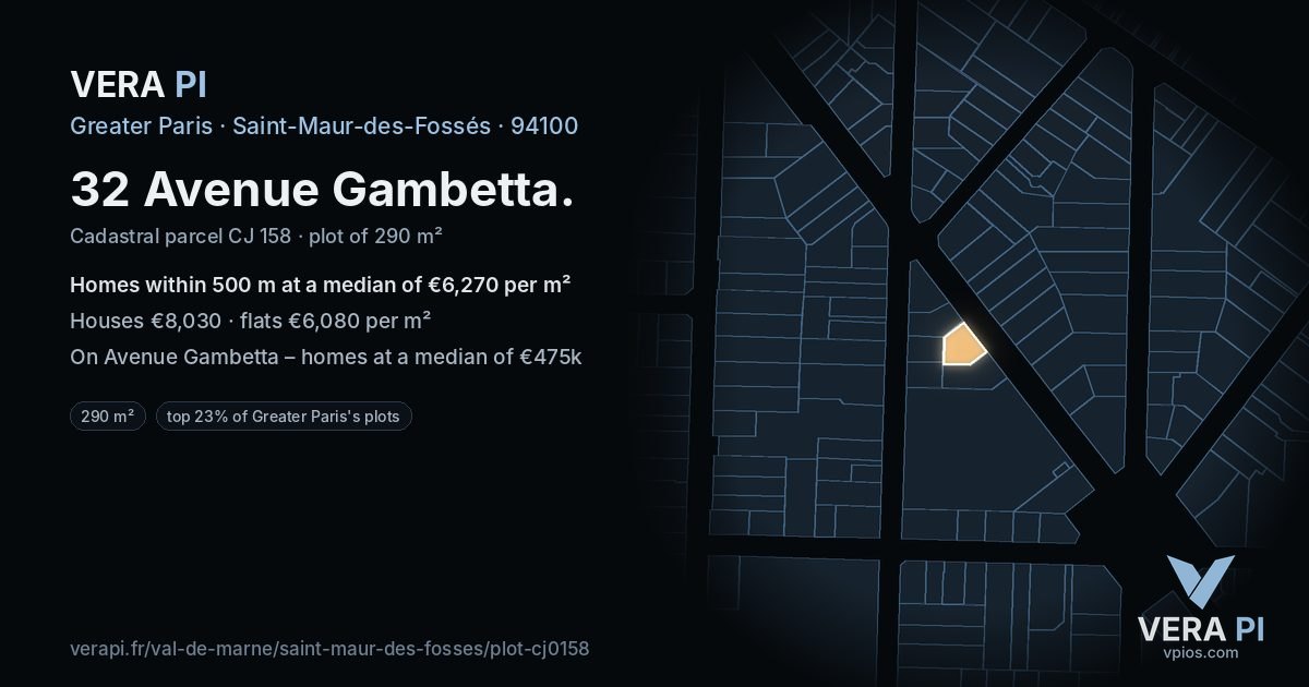 32 Avenue Gambetta, Saint-Maur-des-Fossés at night – the plot lit, the parcels around coloured by the prices near them