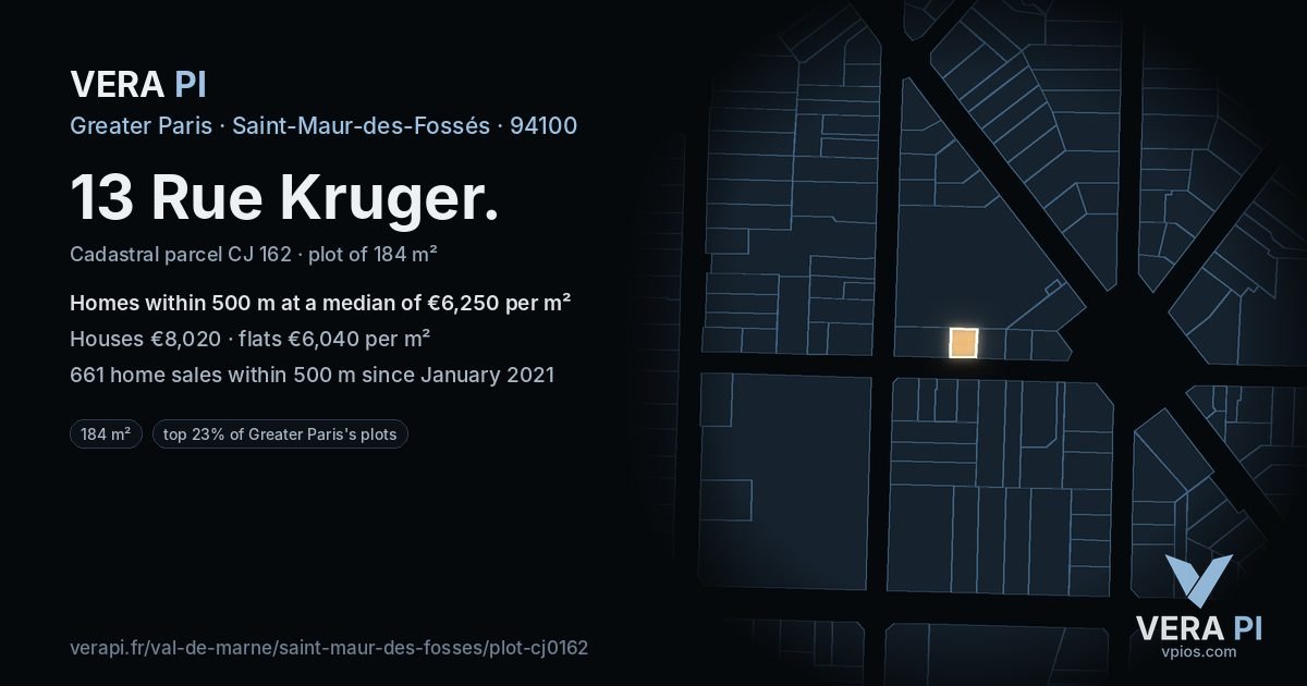 13 Rue Kruger, Saint-Maur-des-Fossés at night – the plot lit, the parcels around coloured by the prices near them