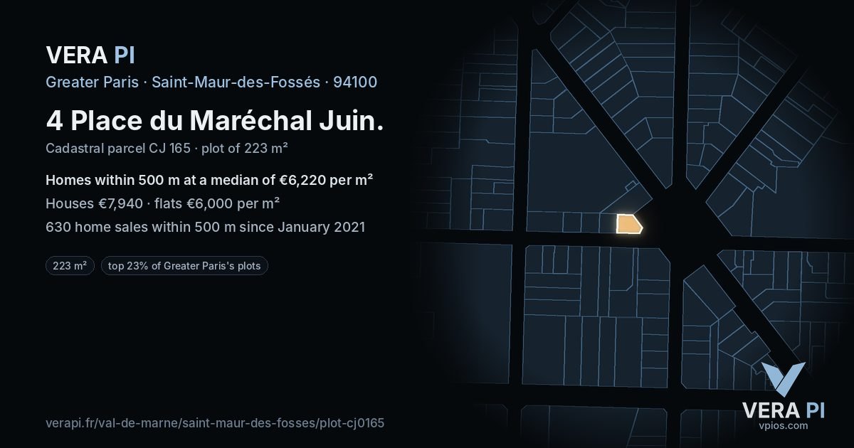 4 Place du Maréchal Juin, Saint-Maur-des-Fossés at night – the plot lit, the parcels around coloured by the prices near them