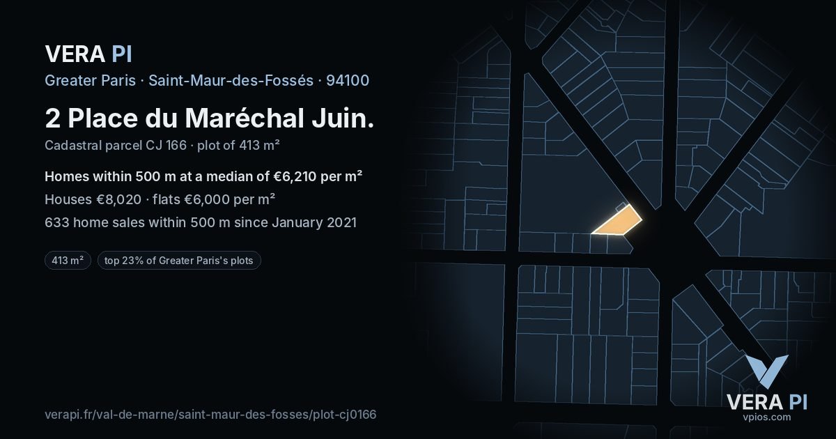 2 Place du Maréchal Juin, Saint-Maur-des-Fossés at night – the plot lit, the parcels around coloured by the prices near them