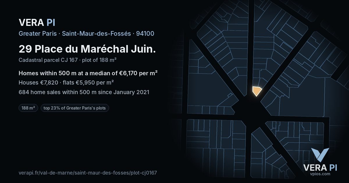 29 Place du Maréchal Juin, Saint-Maur-des-Fossés at night – the plot lit, the parcels around coloured by the prices near them