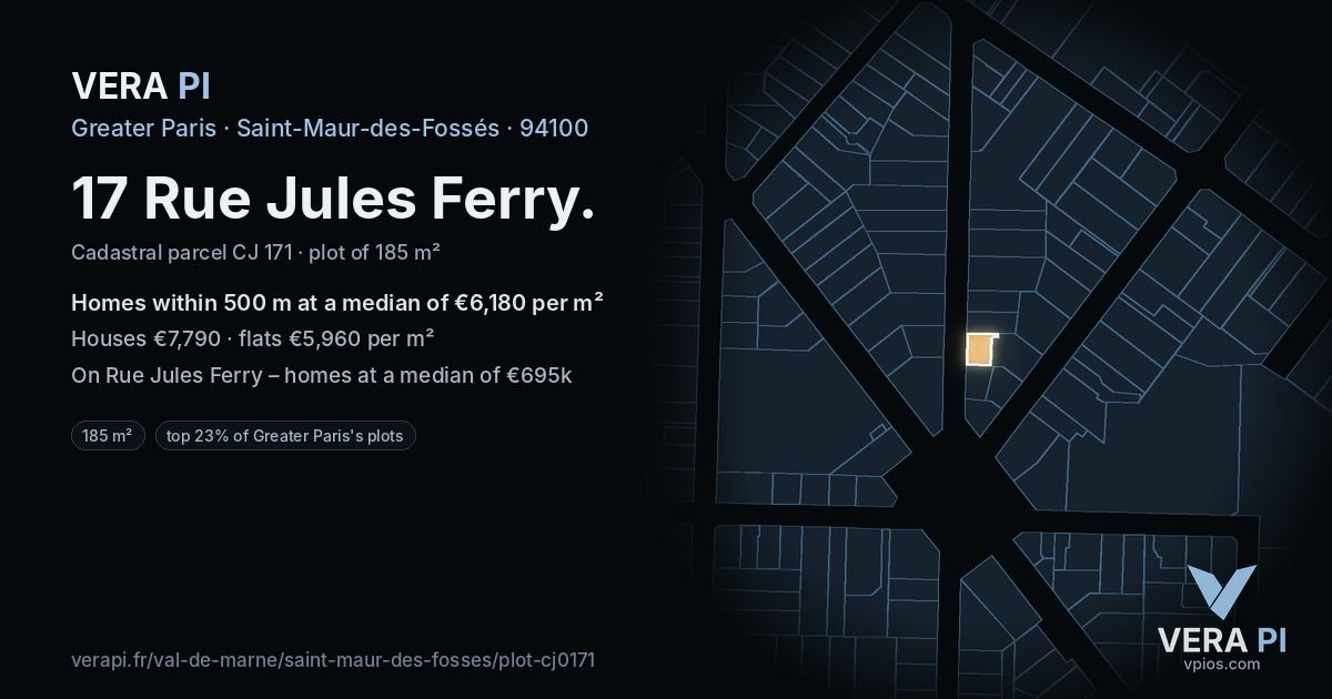 17 Rue Jules Ferry, Saint-Maur-des-Fossés at night – the plot lit, the parcels around coloured by the prices near them