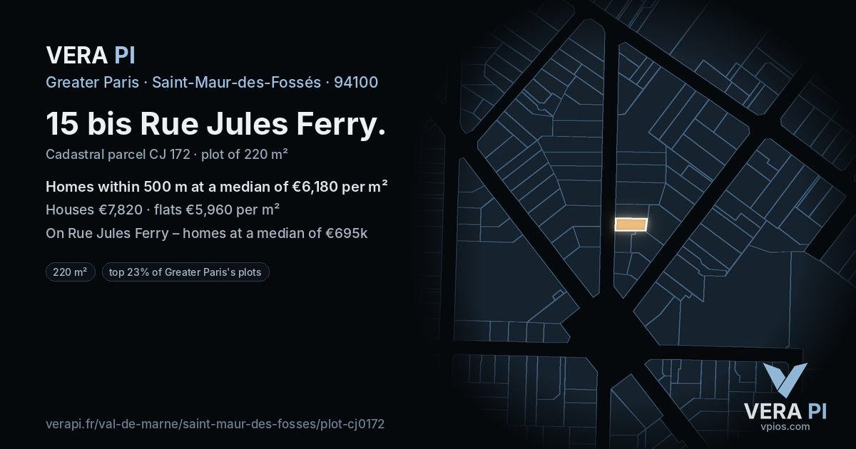 15 bis Rue Jules Ferry, Saint-Maur-des-Fossés at night – the plot lit, the parcels around coloured by the prices near them