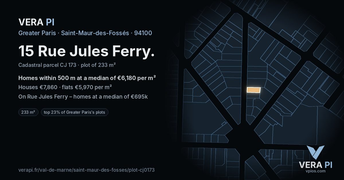 15 Rue Jules Ferry, Saint-Maur-des-Fossés at night – the plot lit, the parcels around coloured by the prices near them